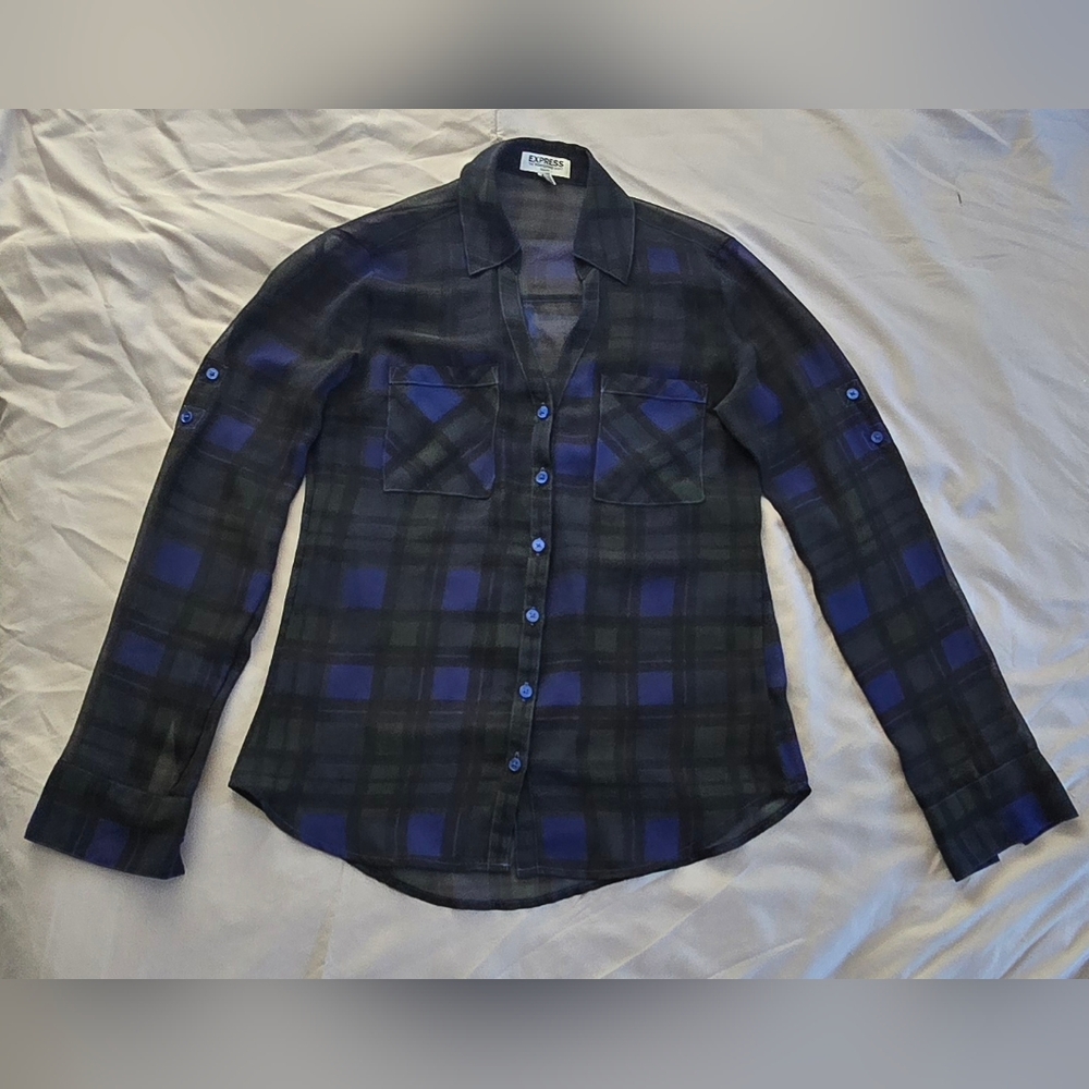 Express Slim Fit Black& Blue Plaid Button-Down Portofino Shirt Women Size XS